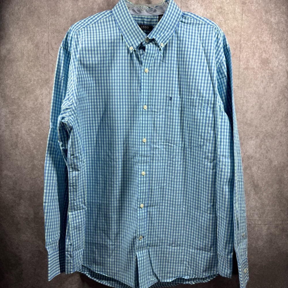 IZOD Men’s Large Blue Green‎ Check Long Sleeve Button Up Shirt